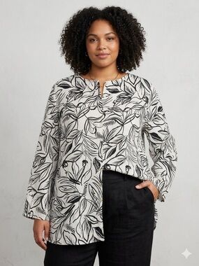Christian Siriano Black & White Leaf-Print Tunic Top 100% linen
